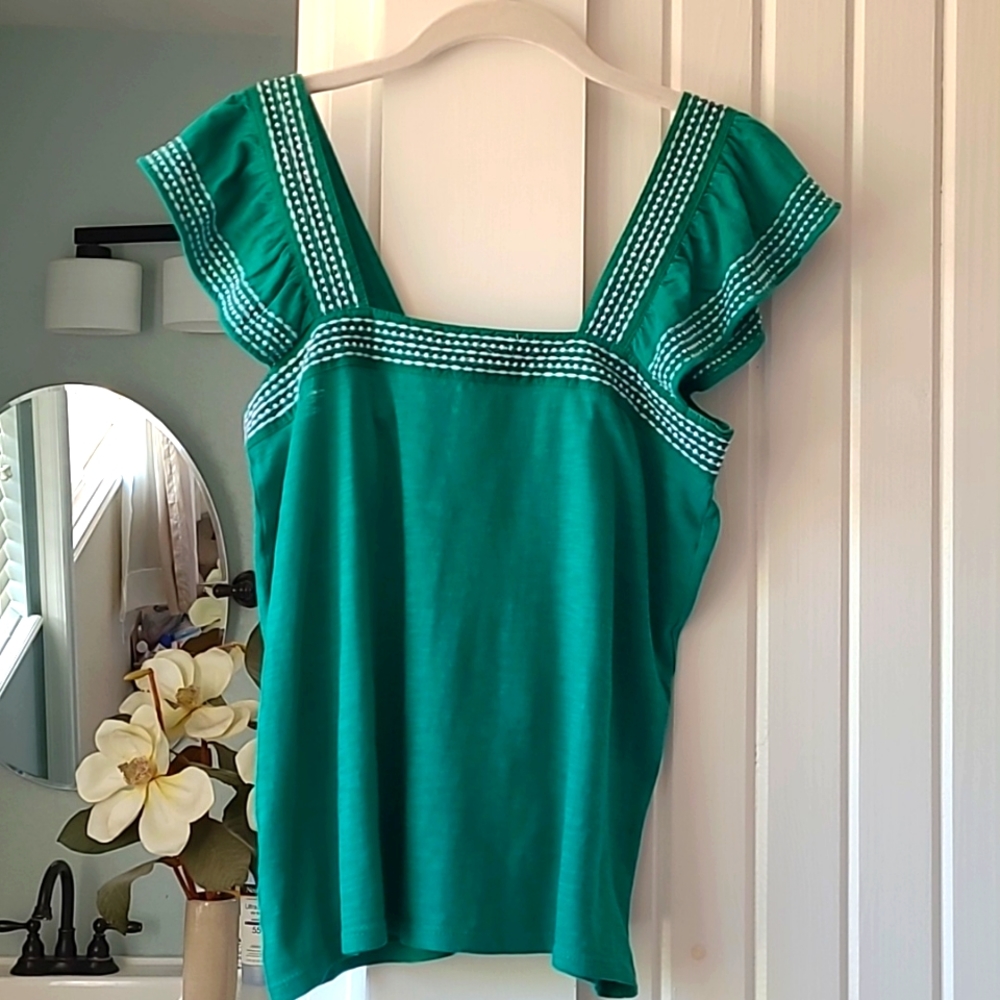 LOFT Emerald Green Petite Embroidered Square Neck Top